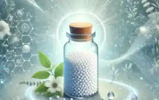 Флакон с хомеопатични гранули на фона на сияещи молекулни връзки, символизиращи енергийното въздействие на хомеопатията.