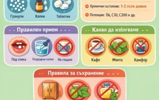 Инфографика как се приемат хомеопатичните препарати – дозировка, правила за прием и съхранение