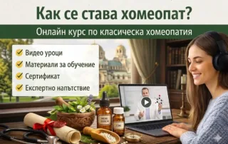 Рекламен банер за онлайн курс по класическа хомеопатия в София, с жена на лаптоп, билки и стетоскоп