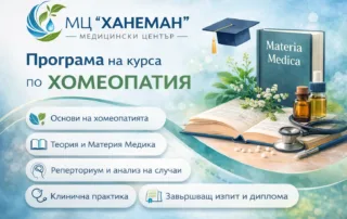 Инфографика с програмата на курса по хомеопатия в Хомеопатичен център „Ханеман“, включваща основи на хомеопатията, Материя Медика, реперториум, клинична практика и дипломиране