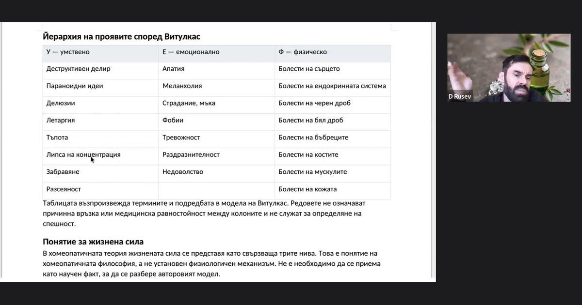 Кадър от първия онлайн модул на Въвеждащото обучение по хомеопатия с д-р Даниел Русев: таблица „Йерархия на проявите според Витулкас“ с трите нива – умствено, емоционално и физическо – и текст за понятието жизнена сила.